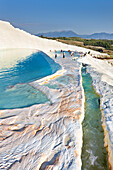 Scenic view of travertine terraces of Pamukkale. Denizli Province, Turkey.