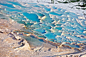 Close up view of travertine terraces of Pamukkale. Denizli Province, Turkey.