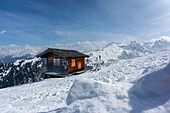  Refuge in the snow in the Austrian mountains, winter landscape, snow landscape, Alps, ski area, Montafon, Austria\n 