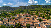  Aerial photograph of the village of Allemagne en Provence with village church, drone shot, France, Southern France\n 