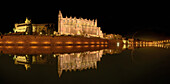  Cathedral of Saint Mary at night with water reflection in the Spanish port city of Palma, Mallorca, Spain, panorama\n 