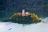  View from Bled Castle over Lake Bled and the lake island, Julian Alps, Slovenia 