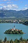  View from Osojnica on Lake Bled with Lake Island and Sveti Maria, Bled, Julian Alps, Slovenia 