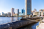  World Trade Center and Historic Ships with submarine USS Torsk in the Inner Harbor in Baltimore, Maryland, USA 