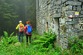  Man and woman hiking past old house in misty forest, GTA, Grande Traversée des Alpes, Biella, Alpi Biellesi, Valais Alps, Piedmont, Italy 