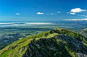  View from Mombarone over the basin of Turin to the Cottian Alps with Monviso, Colma di Mombarone, GTA, Grande Traversée des Alpes, Biella, Alpi Biellesi, Valais Alps, Piedmont, Italy 