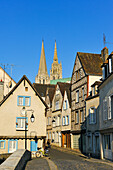 Bouju bridge and Bourg street with spires of the Cathedral in the background, Chartres, Eure-et-Loir department, Centre-Val de Loire region, France, Europe