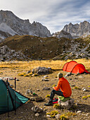  Camping in the high valley of Buni i Jezerces, Prokletije mountains, Albania, Europe 