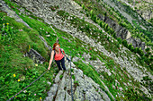  Woman hiking on Hartdegenweg ascends over secured rock steps, Hartdegenweg, Rieserferner Group, South Tyrol, Italy  