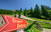  Parking space for mountain bikes at the Priener Hütte, Priener Hütte, Geigelstein, Chiemgau Alps, Upper Bavaria, Bavaria, Germany 