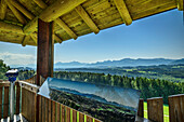  Observation tower with mountain panorama, Ratzinger Höhe, Chiemgau, Chiemgau Alps, Upper Bavaria, Bavaria, Germany 