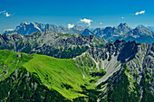 Blick von der Namloser Wetterspitze auf Zugspitze, Wettersteingebirge und Mieminger Berge, Namloser Wetterspitze, Lechtaler Alpen, Tirol, Österreich