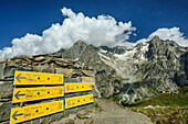  Signpost in Val Ferret with Petites Jorasses and Aiguille de Leschaux in the background, Val Ferret, Tour du Mont Blanc, Mont Blanc Group, Graian Alps, Aosta Valley, Italy 