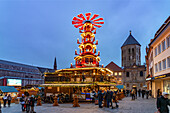  Christmas pyramid at the Paderborn Christmas market at dusk, Paderborn, North Rhine-Westphalia, Germany, Europe 