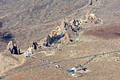  Panorama on the ascent to Alto de Guajara, 2715m, to the bizarrely shaped rock formations made of volcanic rock, Roques de García, at sunrise, Teide National Park, Parque Nacional del Teide, Tenerife, Canary Islands, Spain, Europe 