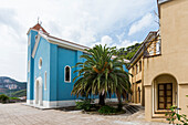  Picturesque village and blue church, Chiesa di Sant&#39;Antioco, Ulassai, Ogliastra Province, Sardinia, Italy 