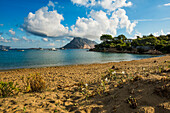  Picturesque beach and island, sunrise, Cala Girgolu, Isola di Tavolara, Porto San Paolo, Sardinia, Italy 