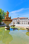 View of Pelican fountain and Braga town hall in the background, Braga, Minho Province, Portugal