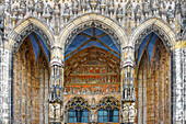  Detail. Main portal of the Ulm Minster, with columns, figures and tympanum. Ulm, Baden-Württemberg, Germany, Europe\n\n 