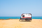 Caravan for rent on White sandy beach near Tiwi, Sultanate of Oman, Arabian Peninsula, Middle East