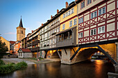 Krämerbrücke at dusk, Erfurt, state capital, Free State of Thuringia, Germany, Europe