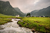 Blick über Gebirgsbach zur Kapelle Heiliger Rochus im Nenzinger Himmel (Alpe im Gamperdonatal bei Nenzing), Vorarlberg, Österreich, Europa