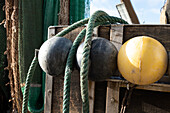  Detail of fishing nets and buoys on a boat in Chioggia, Venice Lagoon, Veneto, Italy, Europe 