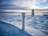  The Brocken weather station on the Brocken summit in icy cold, Brocken, Harz, National Park, Schierke, Wernigerode, winter, frost, ice, Harz district, Saxony-Anhalt, Eastern Germany, Central Germany, Northern Germany, Germany, Europe 