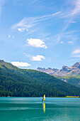 Windsurfing on the Beautiful Alpine Lake Silvaplana with Mountain View in the Swiss Alps in a Sunny Summer Day in Silvaplana, Maloja, Grisons, Switzerland.