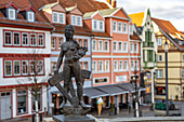  Bronze sculptures of Gotha virtues on the balustrade of the horse trough at the main market, Gotha, Thuringia, Germany  
