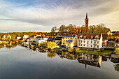  The town of Feldberg at the Feldberger Haussee with the town church seen from the air, Feldberger Seenlandschaft, Mecklenburg-Vorpommern, Germany  