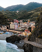 Summer Evening View of Buildings and Hills in Monterosso, Cinque Terre, Italy