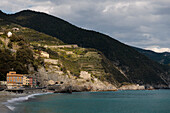 Cloudy View of Buildings and Hills in Monterosso, Cinque Terre, Italy