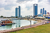 Hafen vor Wolkenkratzern, Marina Village, Abu Dhabi Island, Emirat Abu Dhabi, Vereinigte Arabischen Emirate (VAE), Naher Osten, Vorderasien