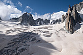 Blick auf das Gletschermeer am Mont-Blanc, Panorama-Gondel, Mer de Glace, Vallee Blanche, Chamonix Mont Blanc, Haute Savoie, Frankreich