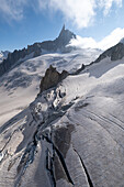 Blick auf das Gletschermeer am Mont-Blanc, Panorama-Gondel, Mer de Glace, Vallee Blanche, Chamonix Mont Blanc, Haute Savoie, Frankreich