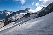 Blick auf das Gletschermeer am Mont-Blanc, Panorama-Gondel, Mer de Glace, Vallee Blanche, Chamonix Mont Blanc, Haute Savoie, Frankreich