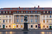  The Prince&#39;s House with equestrian statue of Carl August, main building of the Franz Liszt Academy of Music in Weimar, Thuringia, Germany, Europe 