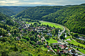 Deep view of the Wiesenttal with Muggendorf, Franconian Switzerland, Franconia, Bavaria, Germany 