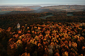  Misty autumn landscape with a view of the Römerstein Tower and the Lenninger Valley, Römerstein municipality, Reutlingen district, Swabian Alb, Baden-Württemberg, Germany, Europe 