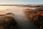 Über dem Nebel im Herbstwald, Gemeinde Römerstein, Landkreis Reutlingen, Schwäbische Alb, Baden-Württemberg, Deutschland, Europa
