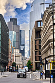 Taxi, City of London Financial District, Bloomberg Building, Albert Buildings, Cannon St with Queen Vitoria St, London, England, UK