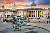 Mermaids and dolphin statue, The Fountains, Trafalgar Square, National Gallery, West End, London, England, UK