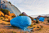 Painting Rocks site, work of the Belgian artist Jean Verame. Near Tafraout,Anti-Atlas,Morocco,North Africa