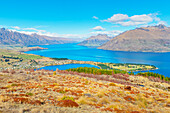  Lake Wakatipu und die Remarkables-Bergkette, Vogelperspektive, Queenstown, Südinsel, Neuseeland 