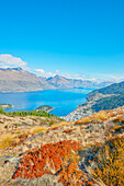  Lake Wakatipu und die Remarkables-Bergkette, Vogelperspektive, Queenstown, Südinsel, Neuseeland 