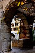 Arch in Old Town with Corner House in a Sunny Autumn Day in City of Biel, Bienne, Bern Canton, Switzerland.