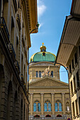 Beautiful Bundeshaus Parliament Building or Federal Palace in a Sunny Day in the Street in City of Bern, Canton Bern, Switzerland.