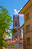 Cityscape over Medieval Old Town with Cathedral Tower in a Sunny Summer Day in City of Fribourg, Canton Fribourg, Switzerland.