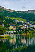 Beautiful Cityscape and Alpine Lake Sankt Moritz with Mountain View in the Swiss Alps in a Sunny Summer Day in St Moritz, Maloja, Grisons, Switzerland.
